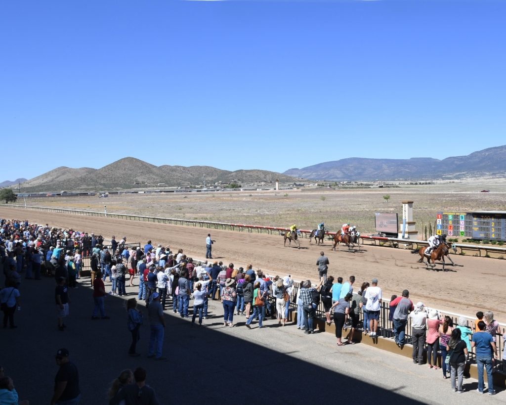 Outdoor photo of fans standing next to a rack track watching horses go by.